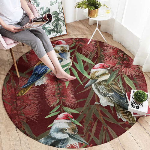 Australia Christmas Round Carpet Kookaburra Santa on Red Bottlebrush