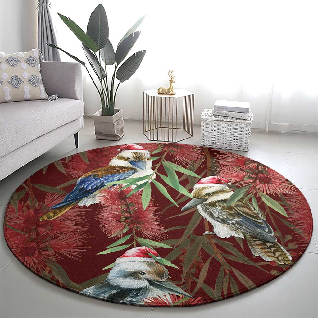 Australia Christmas Round Carpet Kookaburra Santa on Red Bottlebrush