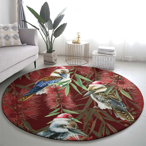 Australia Christmas Round Carpet Kookaburra Santa on Red Bottlebrush