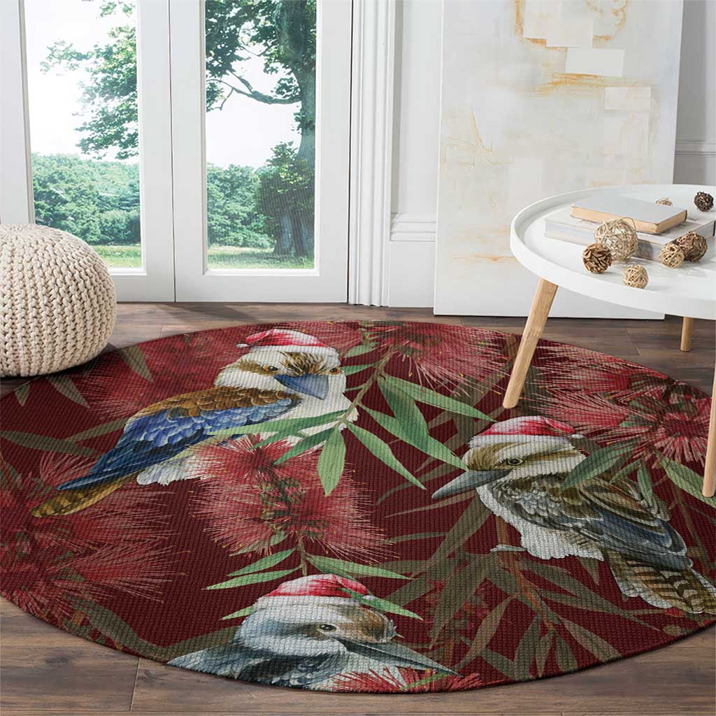 Australia Christmas Round Carpet Kookaburra Santa on Red Bottlebrush