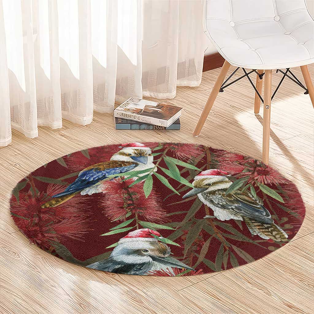 Australia Christmas Round Carpet Kookaburra Santa on Red Bottlebrush