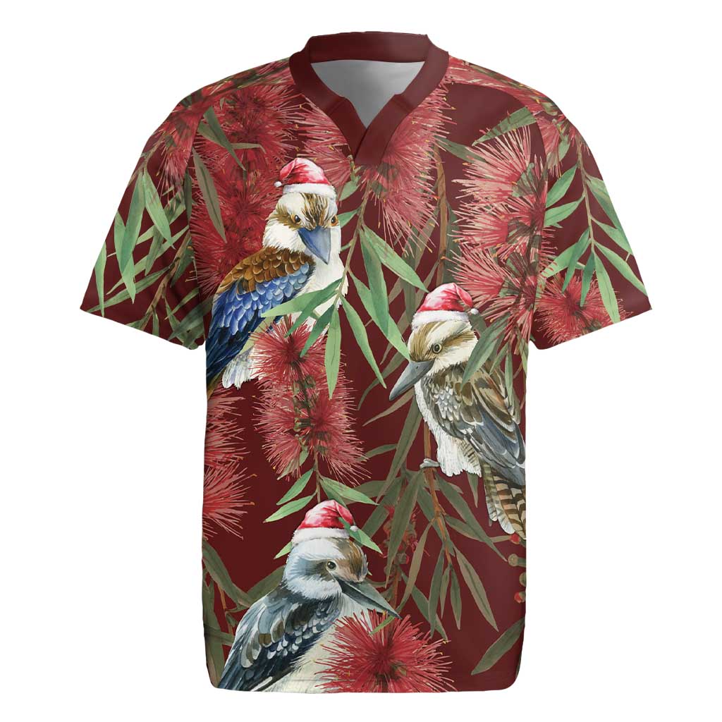 Australia Christmas Rugby Jersey Kookaburra Santa on Red Bottlebrush