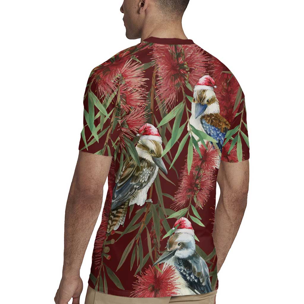 Australia Christmas Rugby Jersey Kookaburra Santa on Red Bottlebrush