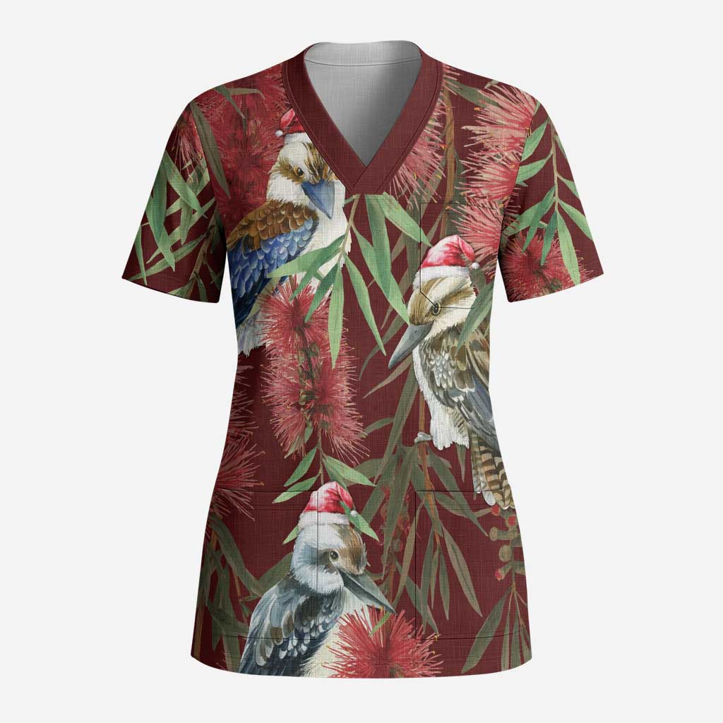 Australia Christmas Scrub Top Kookaburra Santa on Red Bottlebrush - Aussie Hoodie