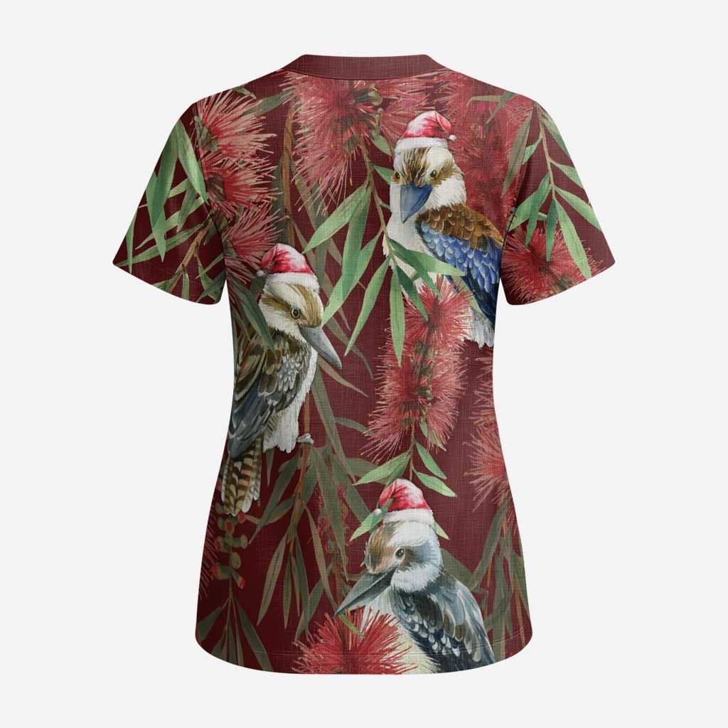 Australia Christmas Scrub Top Kookaburra Santa on Red Bottlebrush - Aussie Hoodie