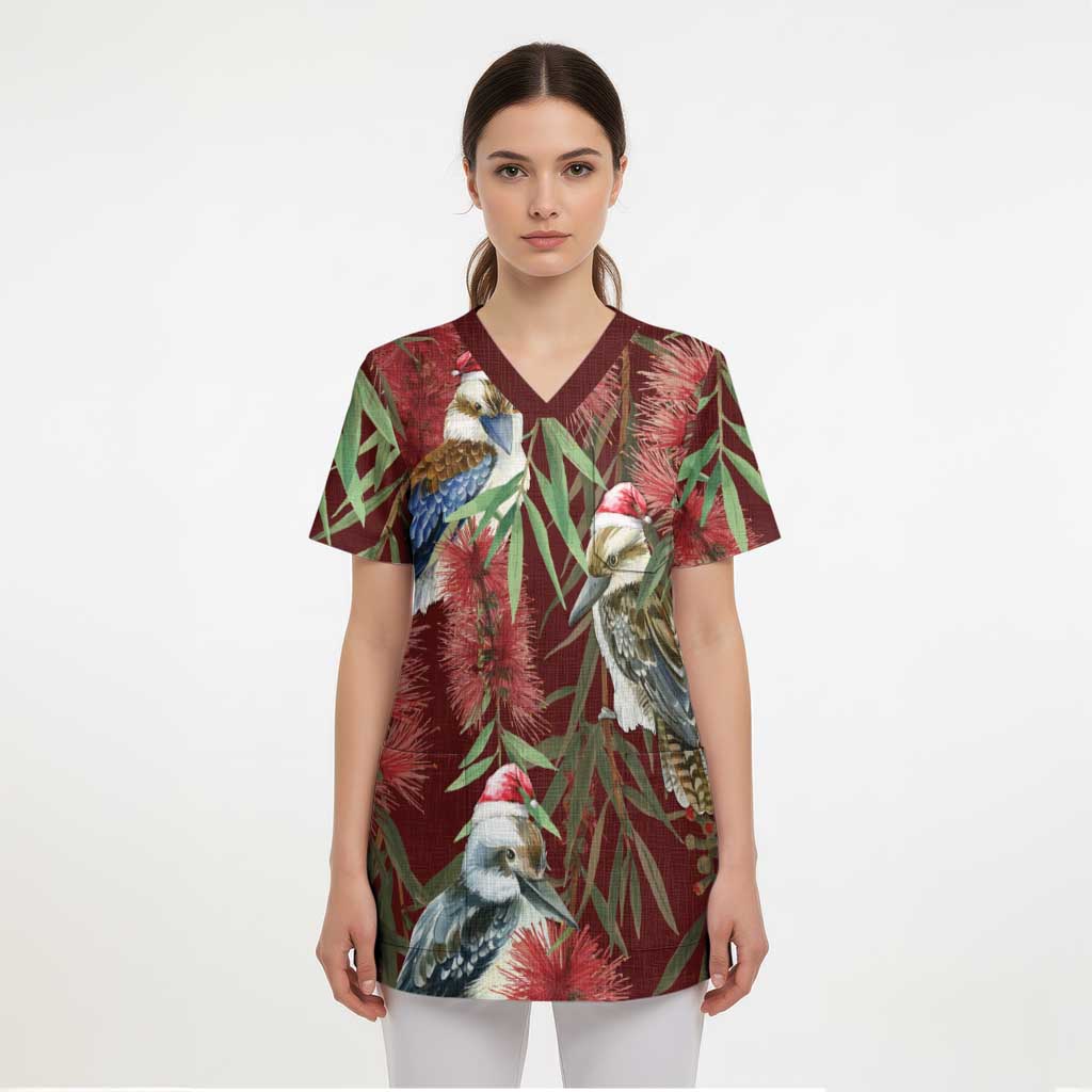 Australia Christmas Scrub Top Kookaburra Santa on Red Bottlebrush - Aussie Hoodie