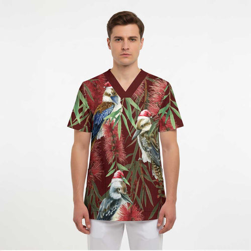 Australia Christmas Scrub Top Kookaburra Santa on Red Bottlebrush - Aussie Hoodie
