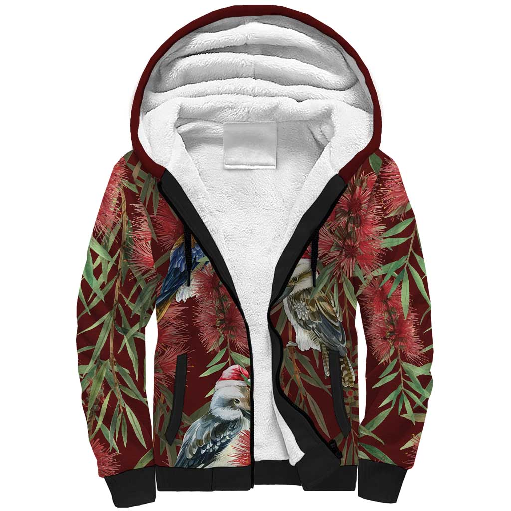 Australia Christmas Sherpa Hoodie Kookaburra Santa on Red Bottlebrush