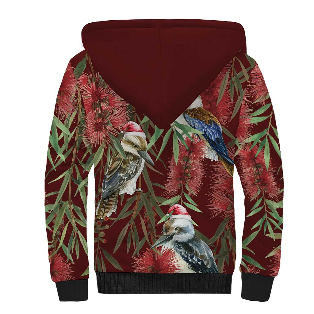 Australia Christmas Sherpa Hoodie Kookaburra Santa on Red Bottlebrush