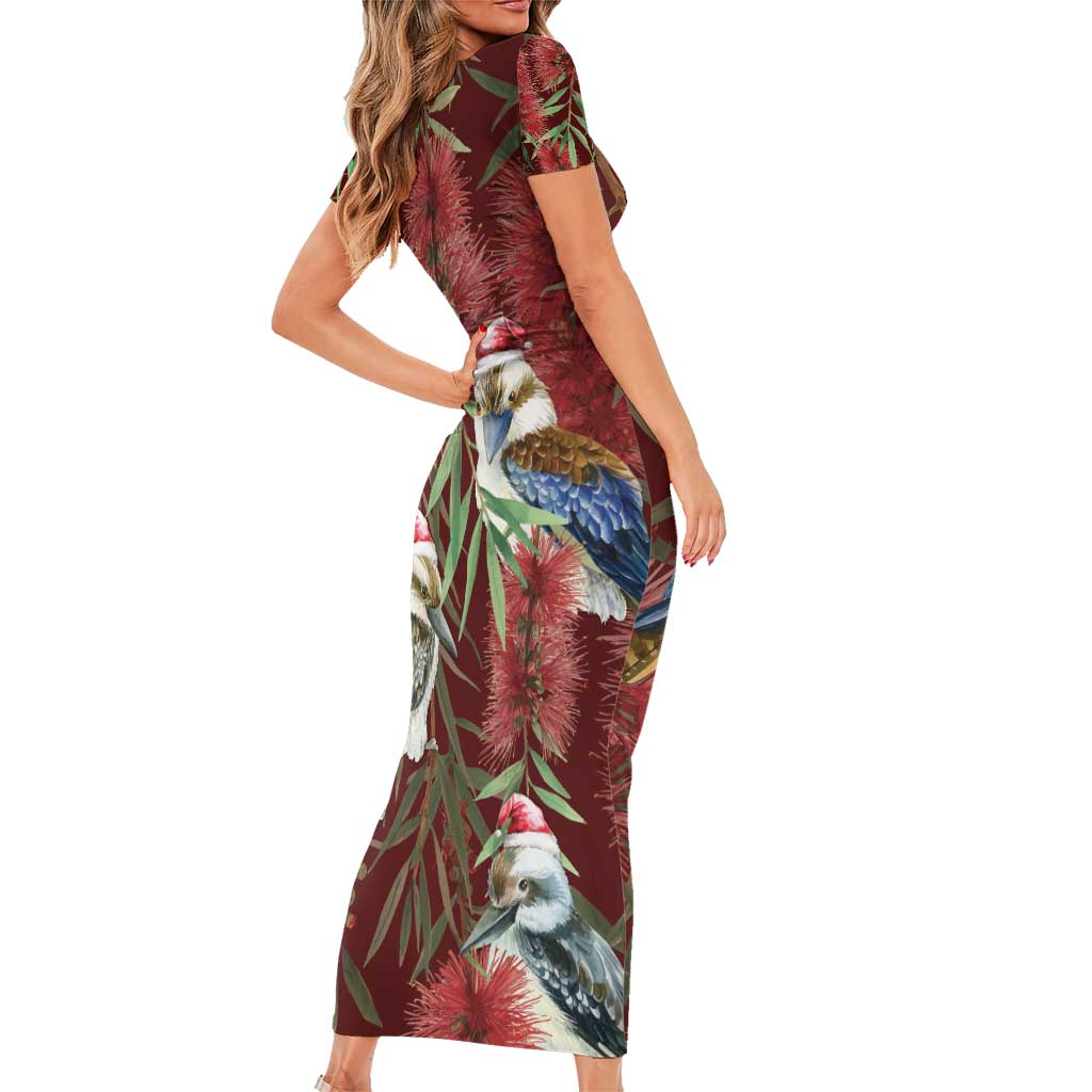 Australia Christmas Short Sleeve Bodycon Dress Kookaburra Santa on Red Bottlebrush