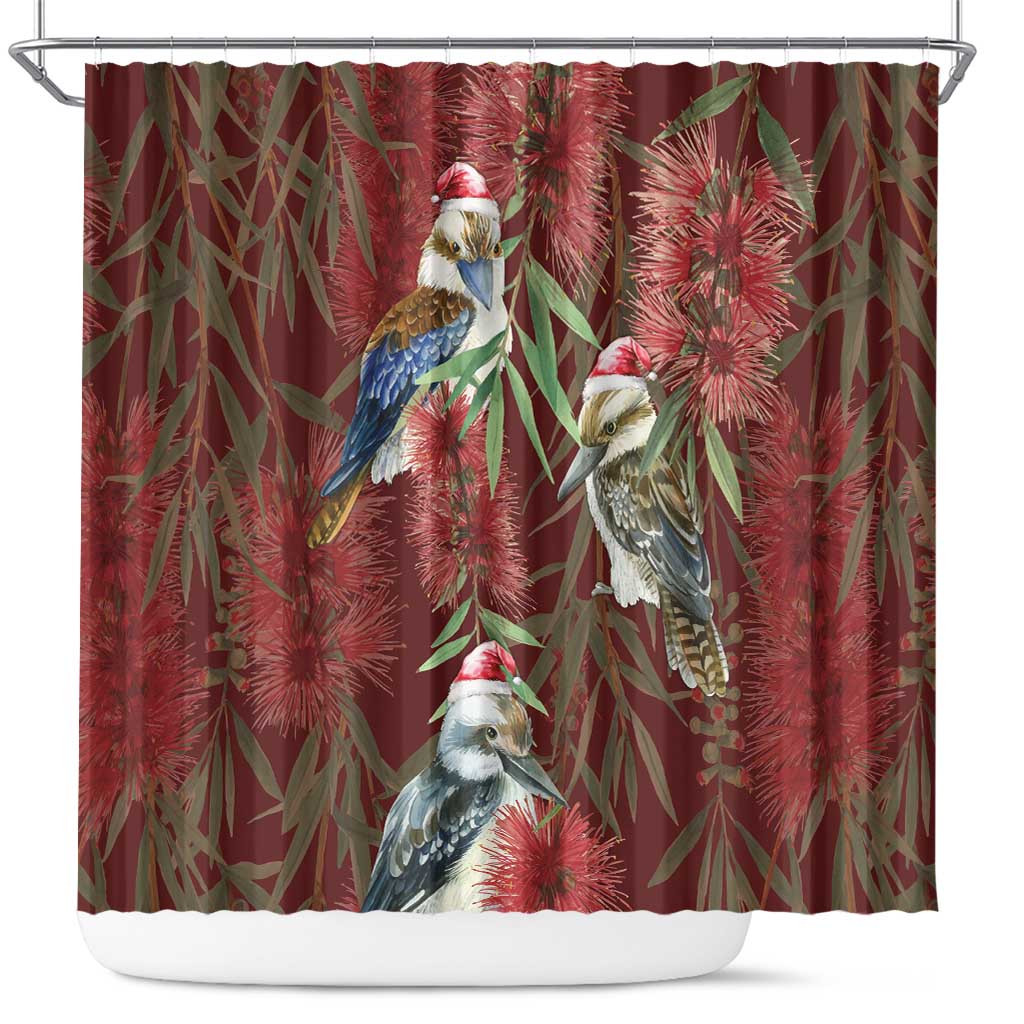 Australia Christmas Shower Curtain Kookaburra Santa on Red Bottlebrush