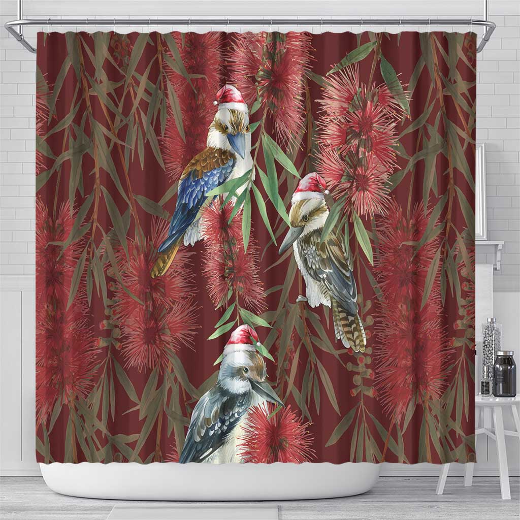 Australia Christmas Shower Curtain Kookaburra Santa on Red Bottlebrush