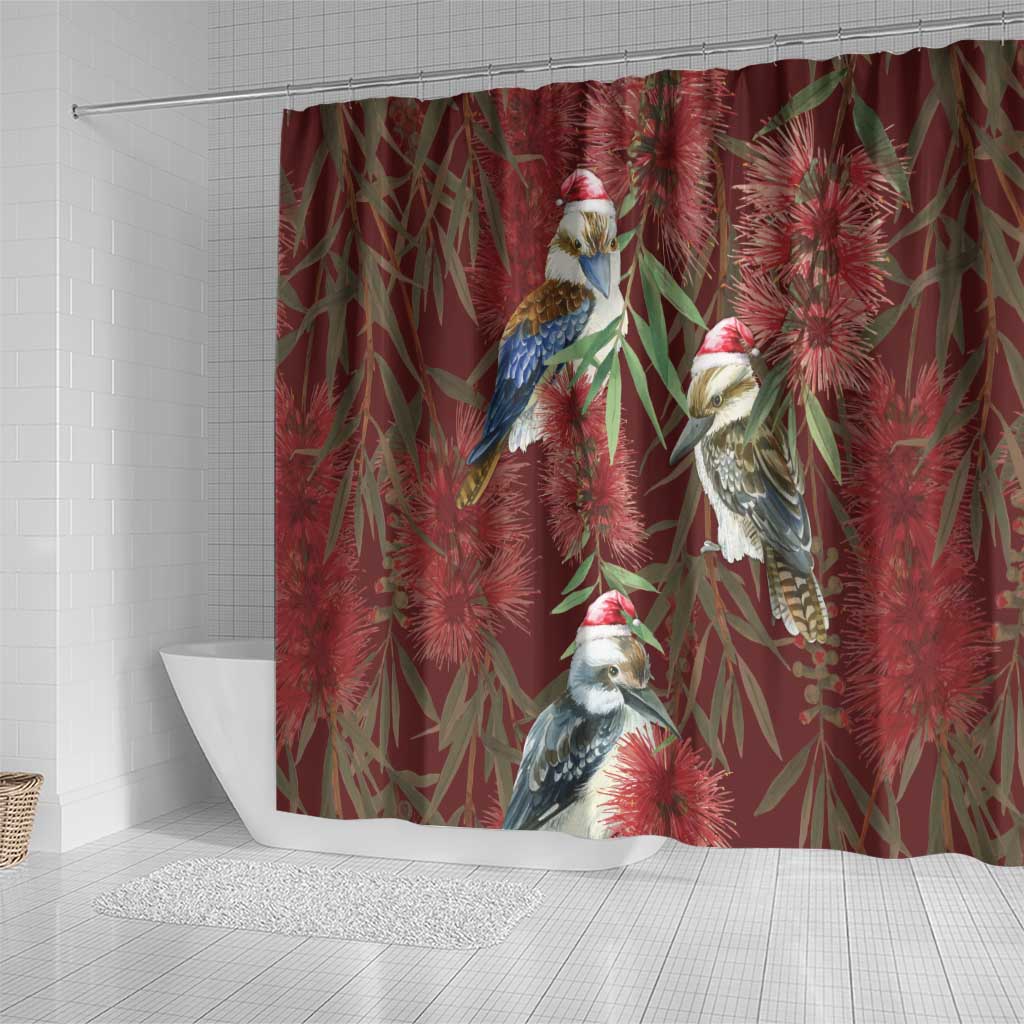 Australia Christmas Shower Curtain Kookaburra Santa on Red Bottlebrush