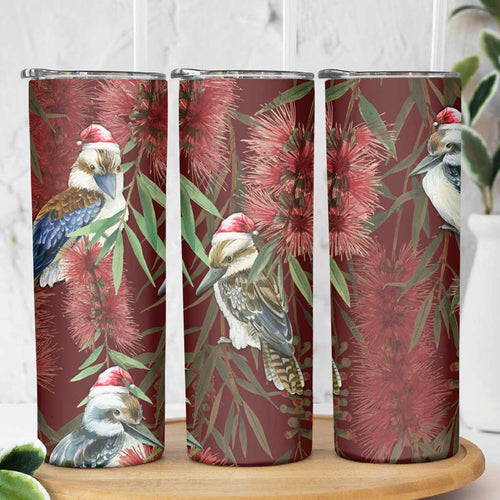 Australia Christmas Skinny Tumbler Kookaburra Santa on Red Bottlebrush