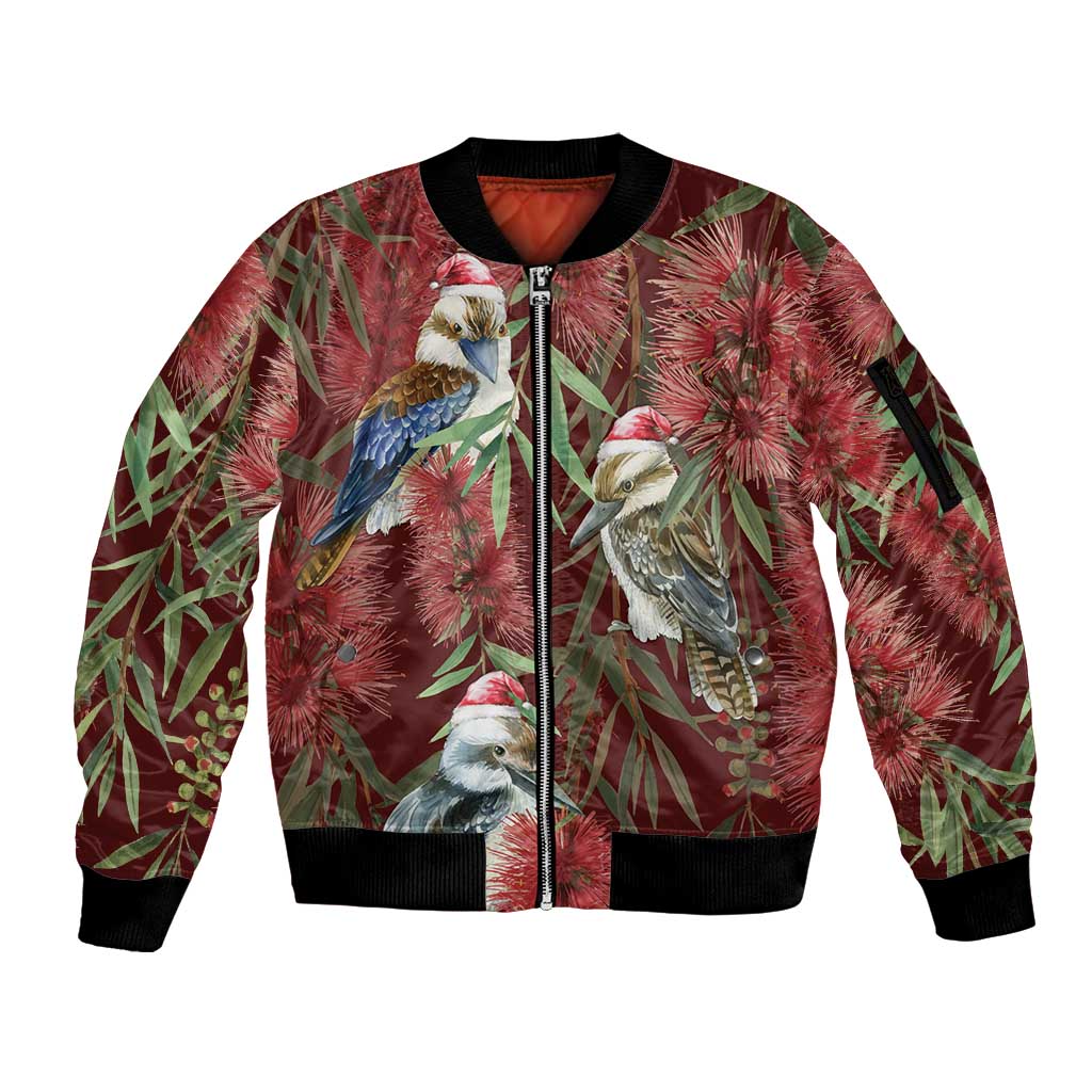 Australia Christmas Sleeve Zip Bomber Jacket Kookaburra Santa on Red Bottlebrush