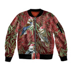 Australia Christmas Sleeve Zip Bomber Jacket Kookaburra Santa on Red Bottlebrush