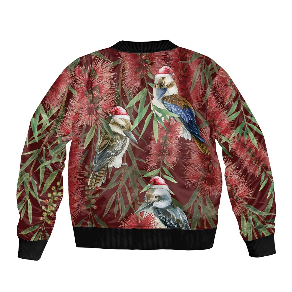 Australia Christmas Sleeve Zip Bomber Jacket Kookaburra Santa on Red Bottlebrush