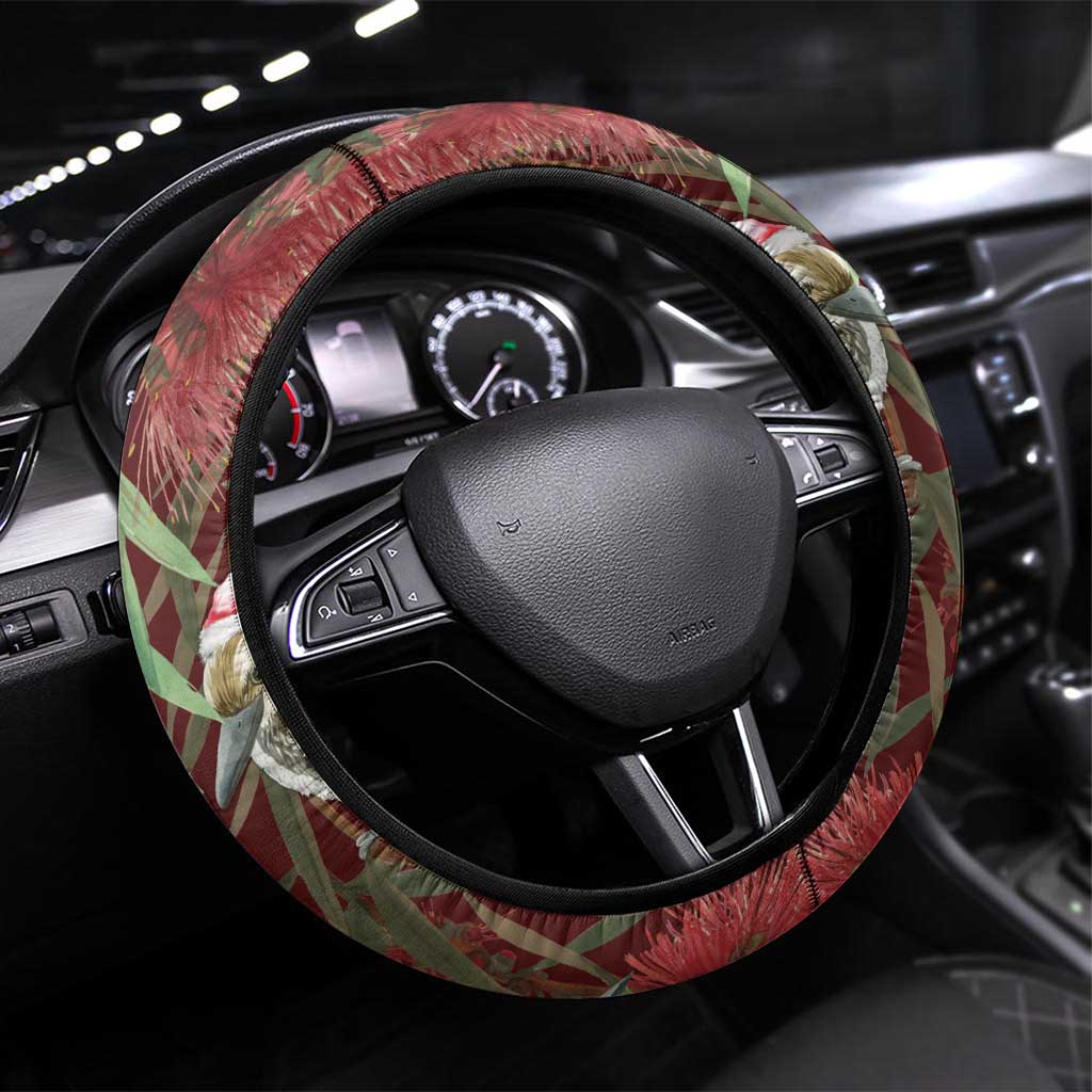 Australia Christmas Steering Wheel Cover Kookaburra Santa on Red Bottlebrush