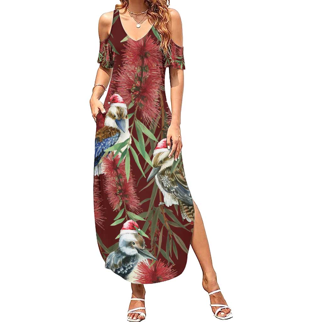 Australia Christmas Summer Maxi Dress Kookaburra Santa on Red Bottlebrush