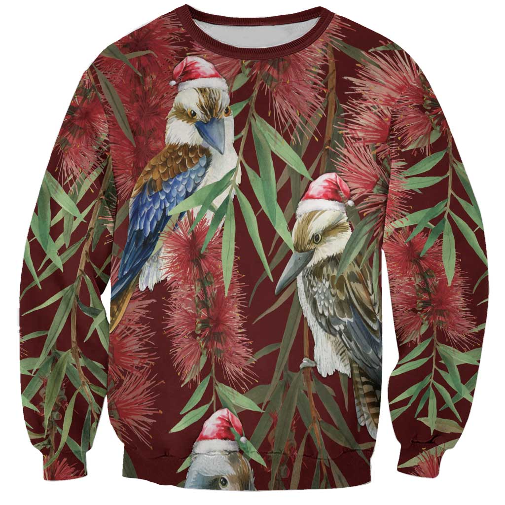 Australia Christmas Sweatshirt Kookaburra Santa on Red Bottlebrush