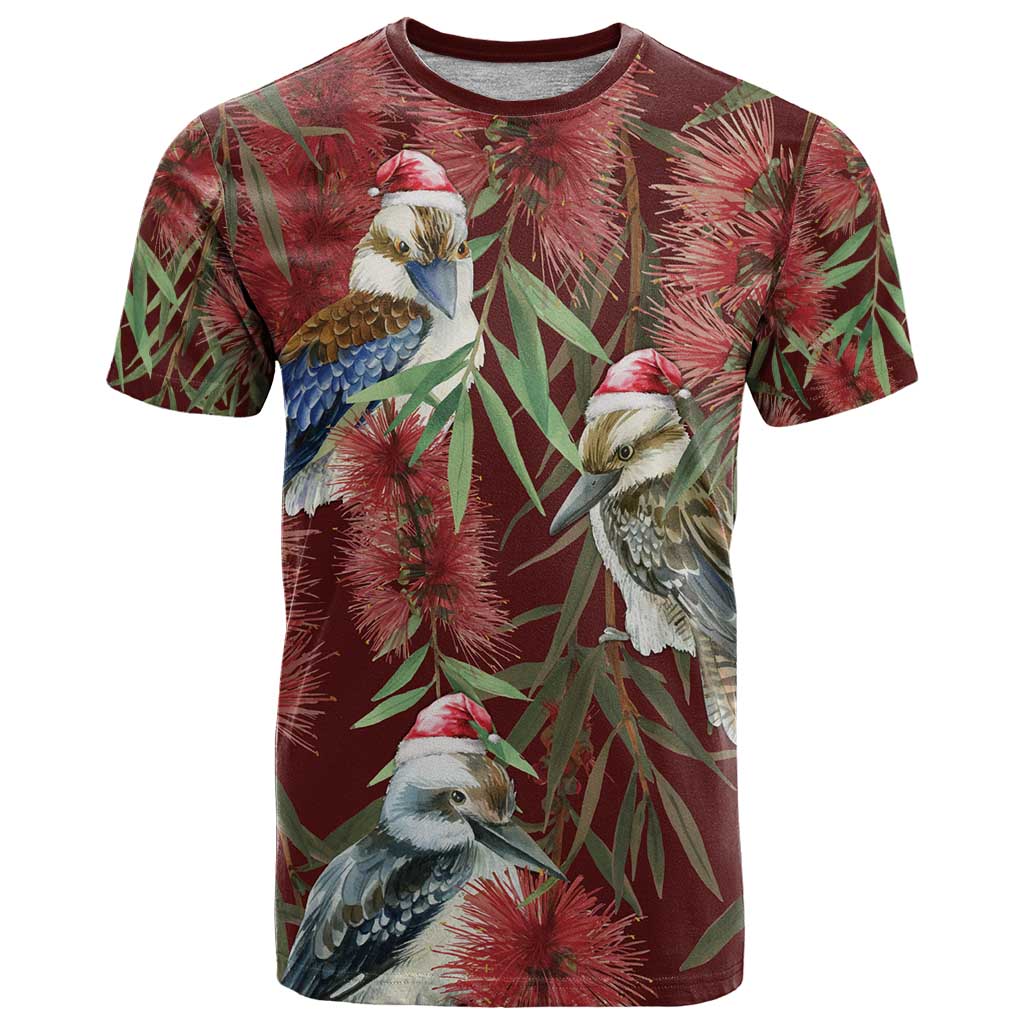 Australia Christmas T Shirt Kookaburra Santa on Red Bottlebrush