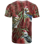 Australia Christmas T Shirt Kookaburra Santa on Red Bottlebrush