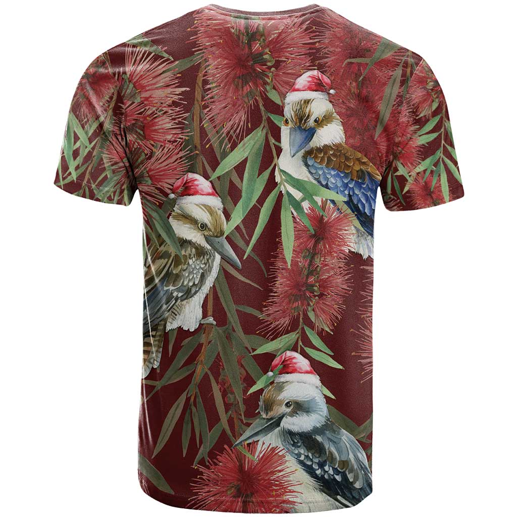 Australia Christmas T Shirt Kookaburra Santa on Red Bottlebrush