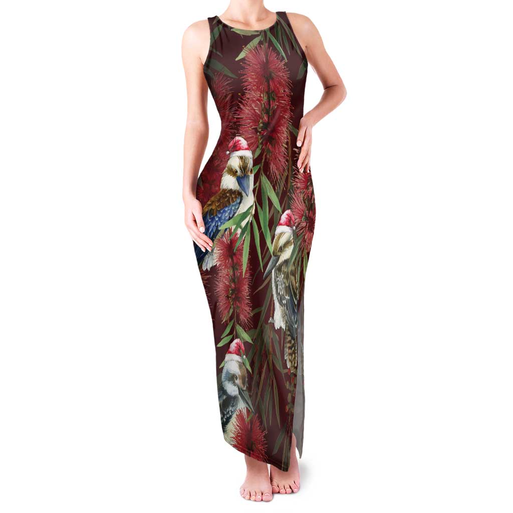 Australia Christmas Tank Maxi Dress Kookaburra Santa on Red Bottlebrush