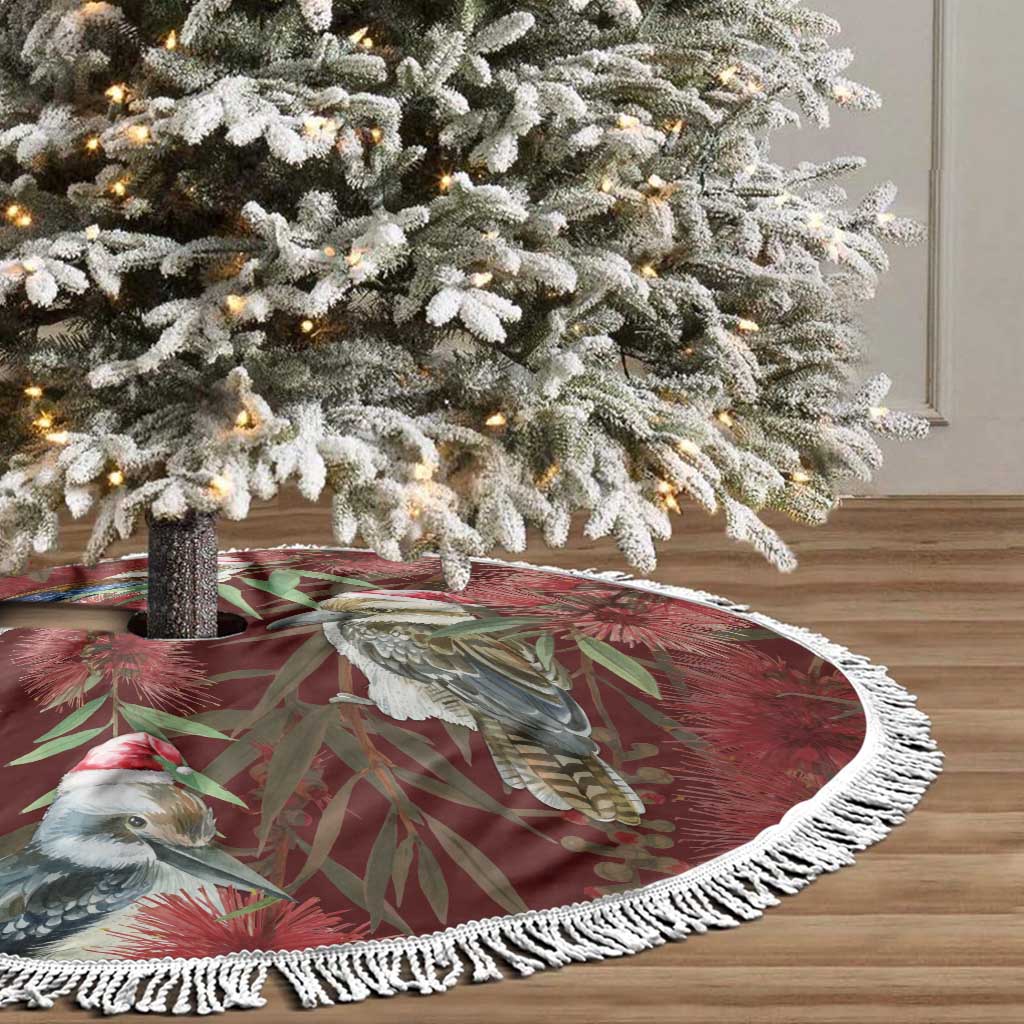 Australia Christmas Tree Skirt Kookaburra Santa on Red Bottlebrush