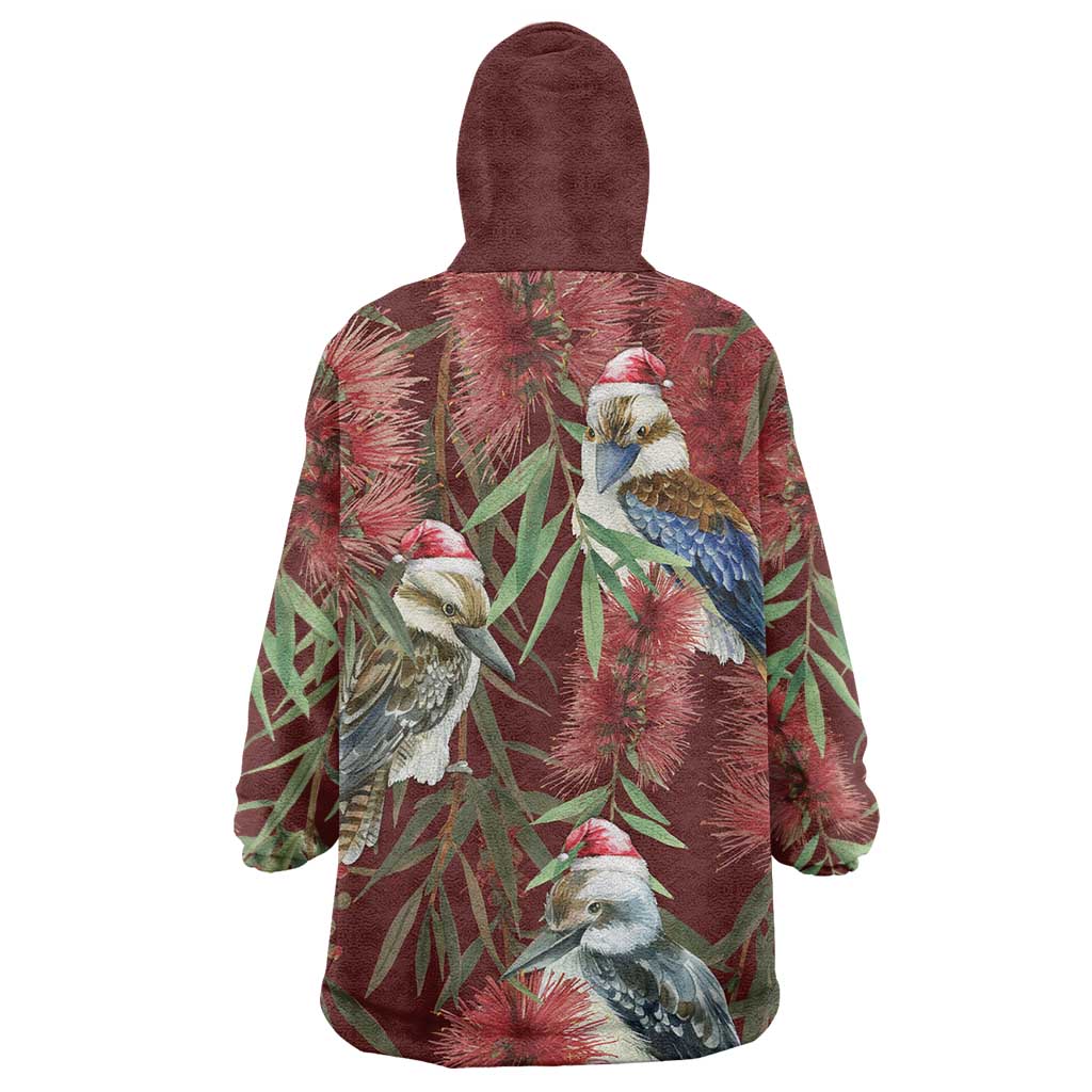 Australia Christmas Wearable Blanket Hoodie Kookaburra Santa on Red Bottlebrush