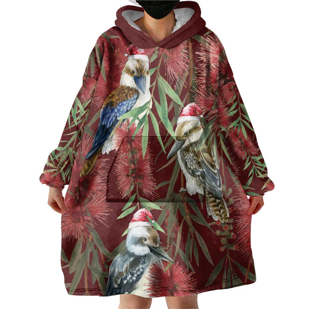 Australia Christmas Wearable Blanket Hoodie Kookaburra Santa on Red Bottlebrush