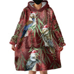 Australia Christmas Wearable Blanket Hoodie Kookaburra Santa on Red Bottlebrush