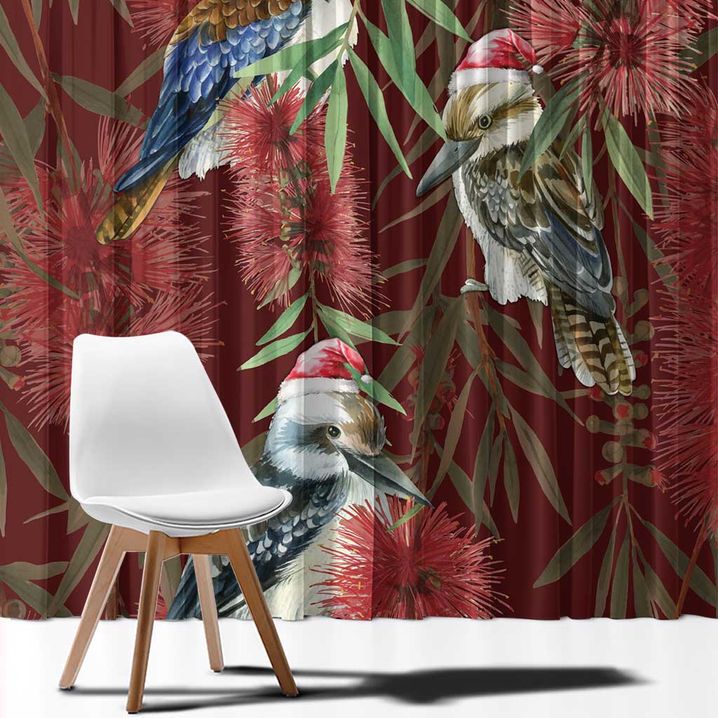 Australia Christmas Window Curtain Kookaburra Santa on Red Bottlebrush