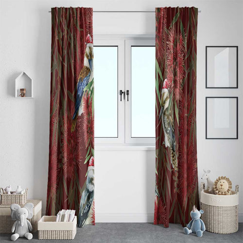 Australia Christmas Window Curtain Kookaburra Santa on Red Bottlebrush