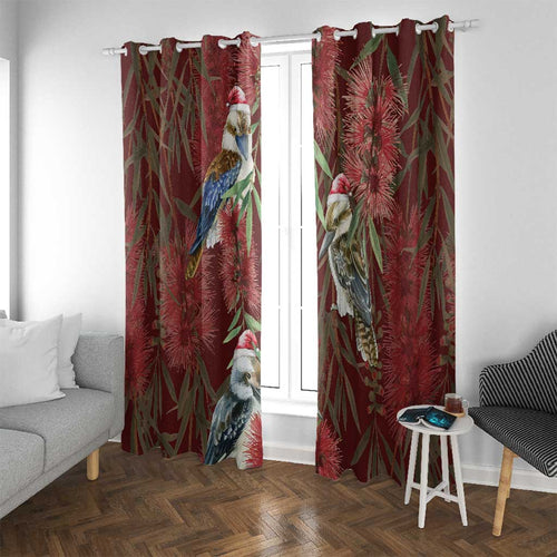 Australia Christmas Window Curtain Kookaburra Santa on Red Bottlebrush