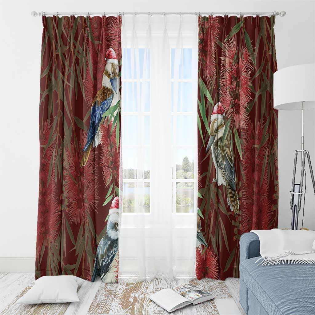 Australia Christmas Window Curtain Kookaburra Santa on Red Bottlebrush