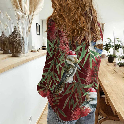 Australia Christmas Women Casual Shirt Kookaburra Santa on Red Bottlebrush