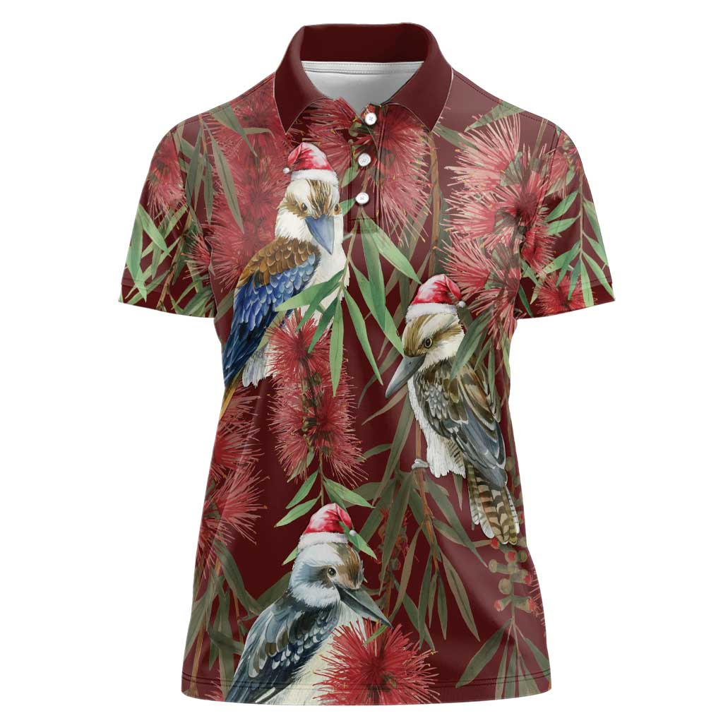 Australia Christmas Women Polo Shirt Kookaburra Santa on Red Bottlebrush