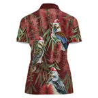 Australia Christmas Women Polo Shirt Kookaburra Santa on Red Bottlebrush
