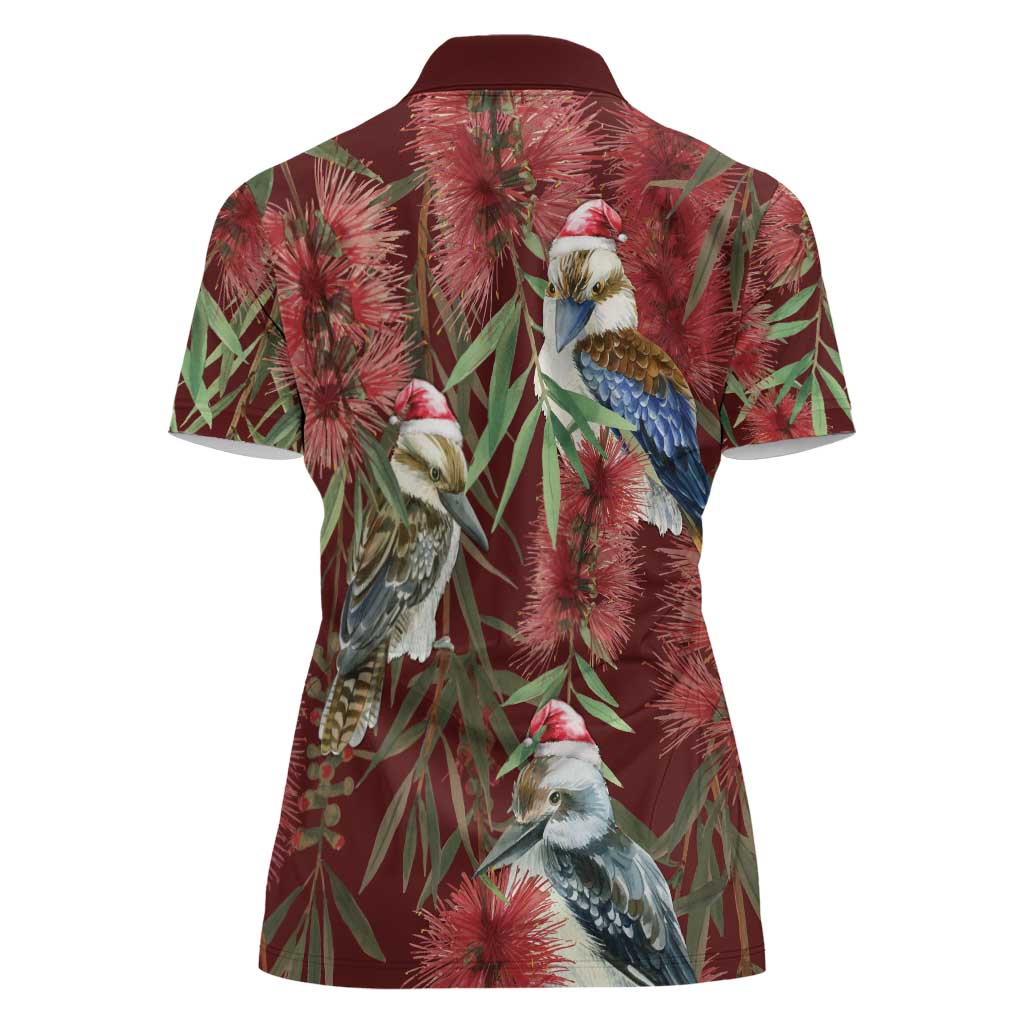 Australia Christmas Women Polo Shirt Kookaburra Santa on Red Bottlebrush