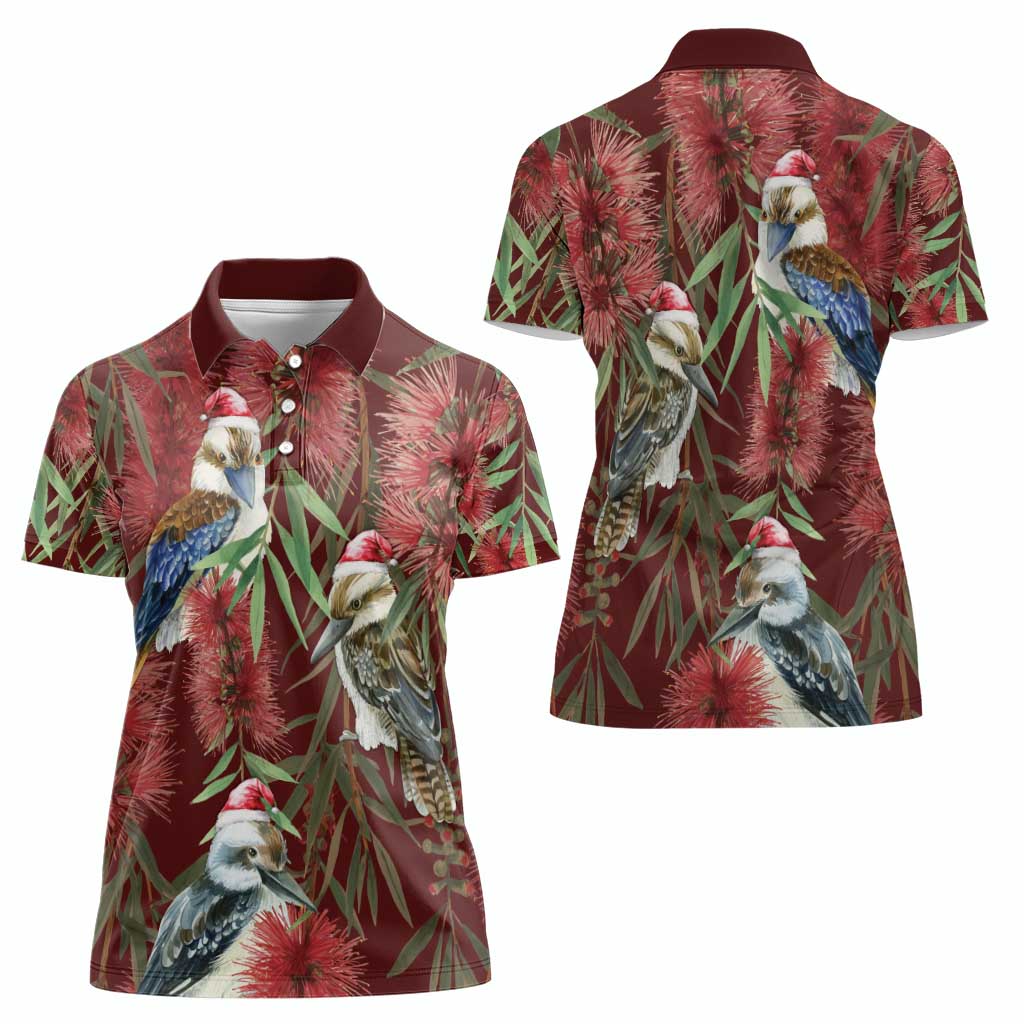 Australia Christmas Women Polo Shirt Kookaburra Santa on Red Bottlebrush