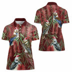 Australia Christmas Women Polo Shirt Kookaburra Santa on Red Bottlebrush