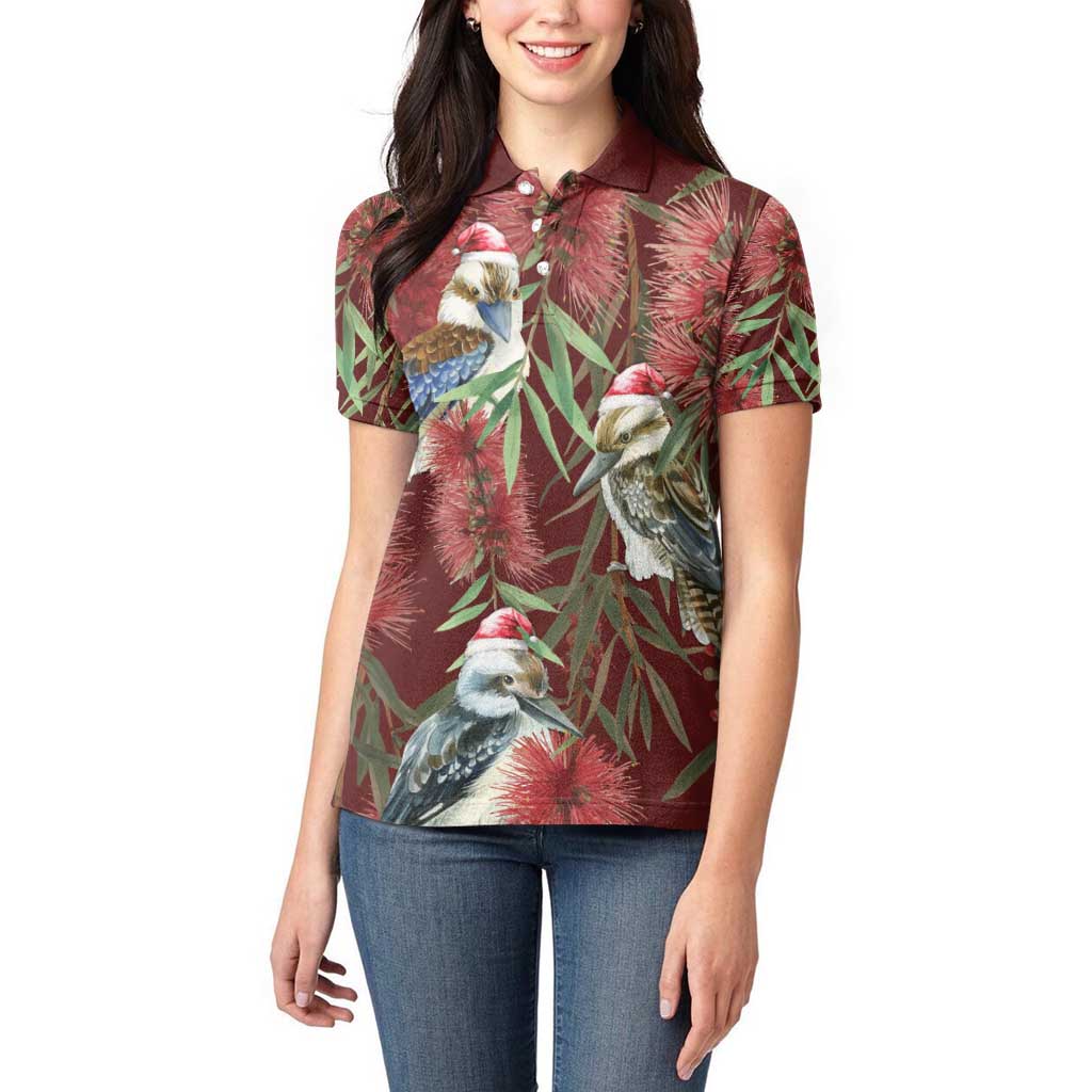 Australia Christmas Women Polo Shirt Kookaburra Santa on Red Bottlebrush