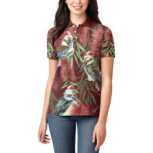 Australia Christmas Women Polo Shirt Kookaburra Santa on Red Bottlebrush