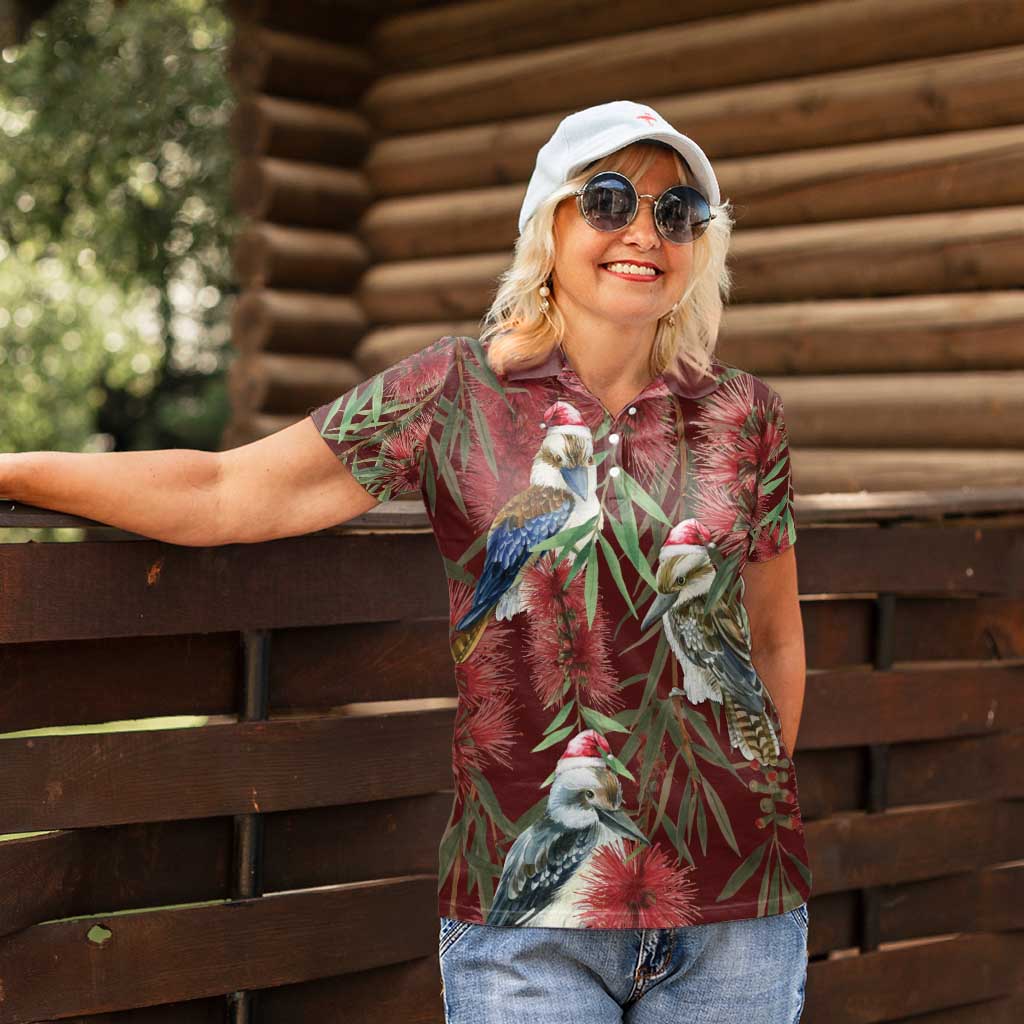 Australia Christmas Women Polo Shirt Kookaburra Santa on Red Bottlebrush