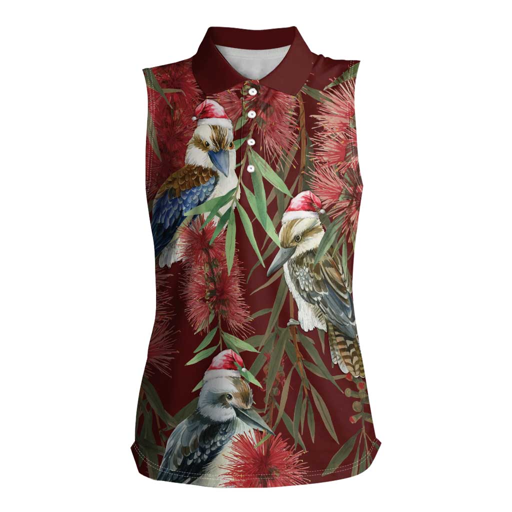 Australia Christmas Women Sleeveless Polo Shirt Kookaburra Santa on Red Bottlebrush
