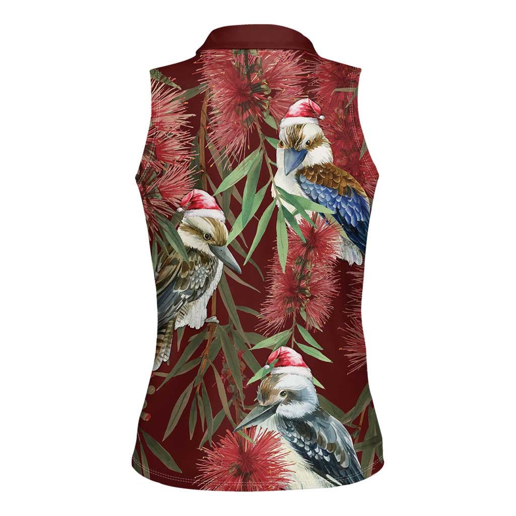 Australia Christmas Women Sleeveless Polo Shirt Kookaburra Santa on Red Bottlebrush