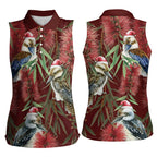 Australia Christmas Women Sleeveless Polo Shirt Kookaburra Santa on Red Bottlebrush