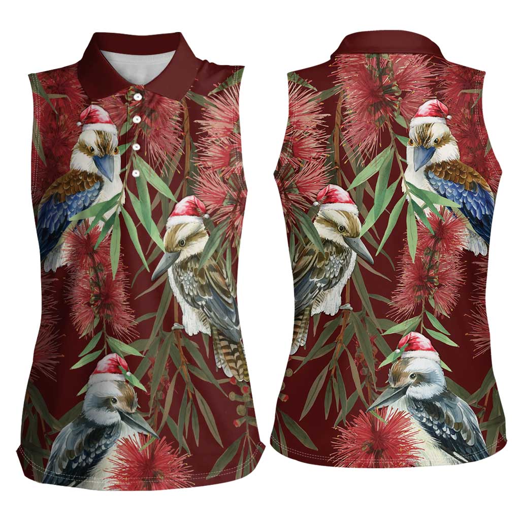 Australia Christmas Women Sleeveless Polo Shirt Kookaburra Santa on Red Bottlebrush