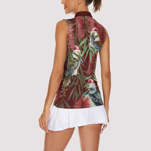 Australia Christmas Women Sleeveless Polo Shirt Kookaburra Santa on Red Bottlebrush